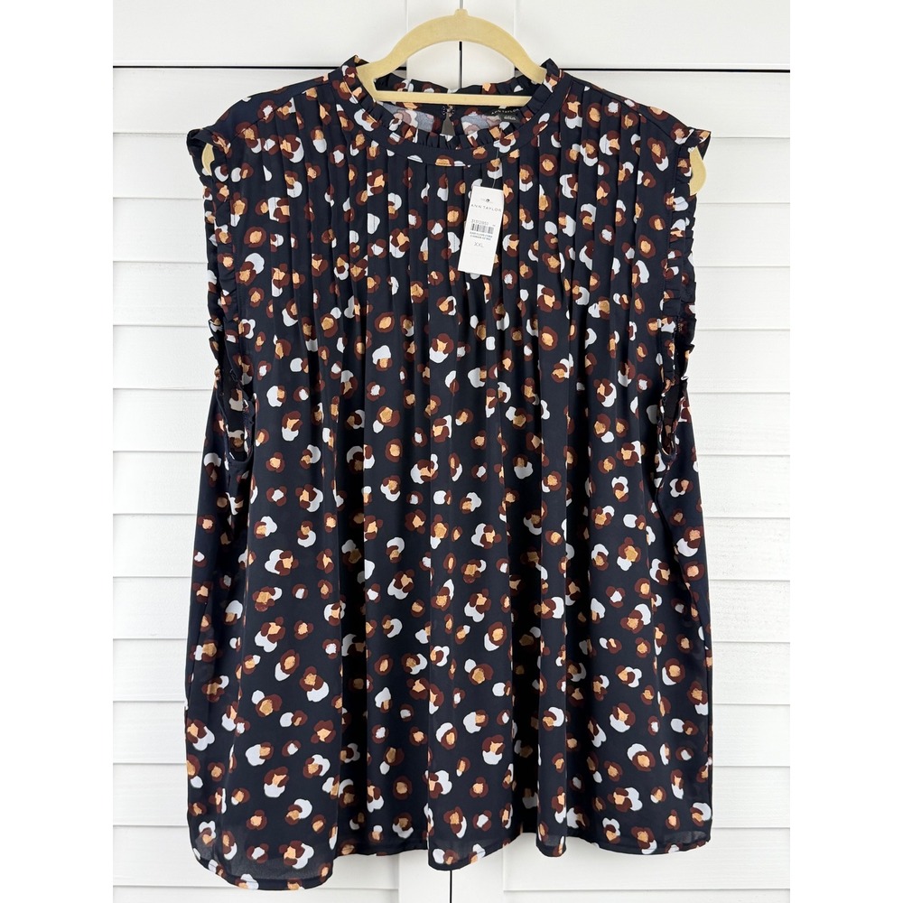 Ann Taylor Blouse XXL Navy Animal Print Pleated Ruffle Neck Shell NEW